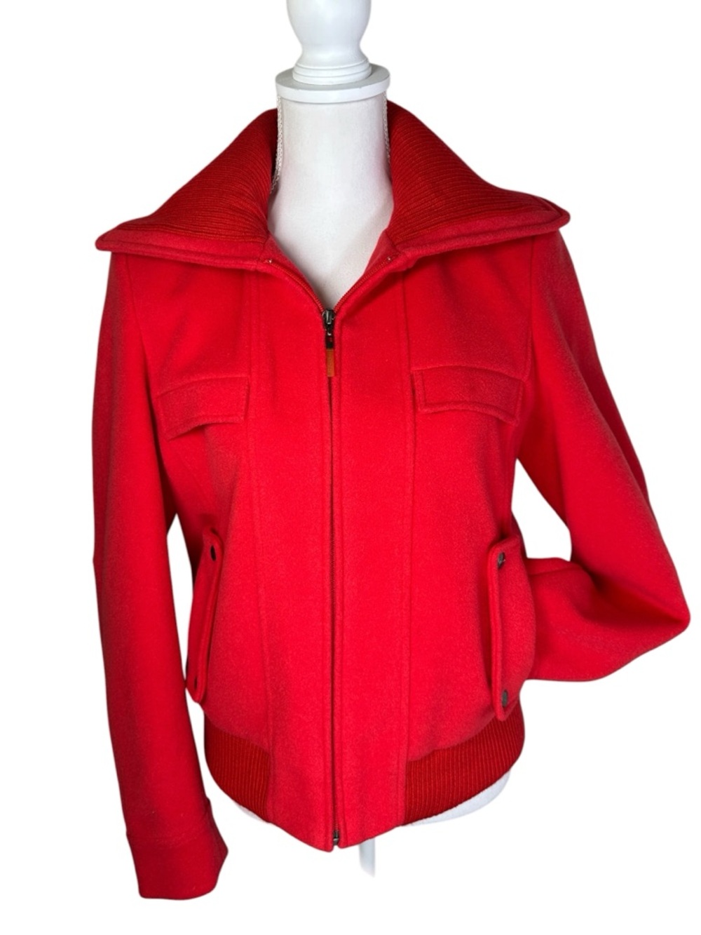 IZOD Red Wool Blend Zip Jacket Womens Medium Ribbed Collar Bomber Style Coat